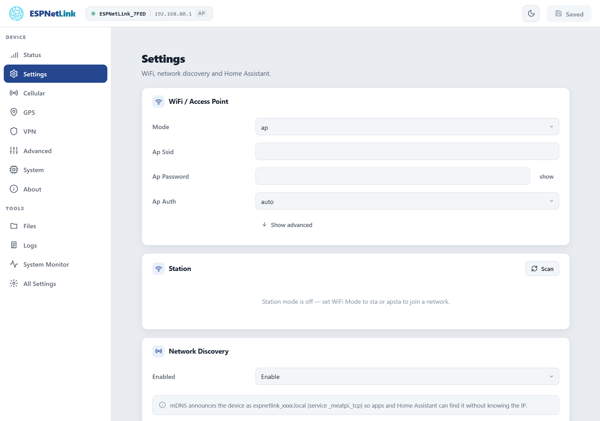The Settings page in access point mode: the WiFi / Access Point card with the mode, name, password and authentication, the Station card off