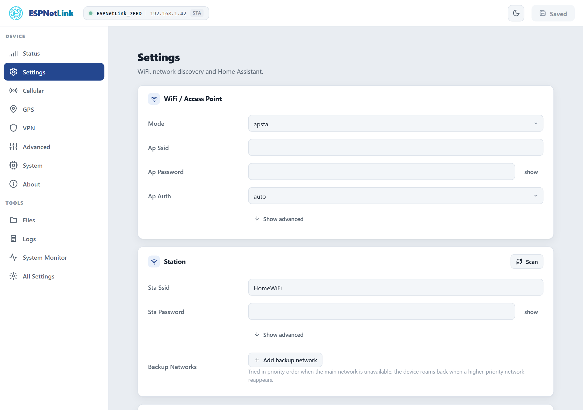 The Settings page in AP + Station mode: the Station card with the network name, password, trusted switch, the Scan button and Add backup network