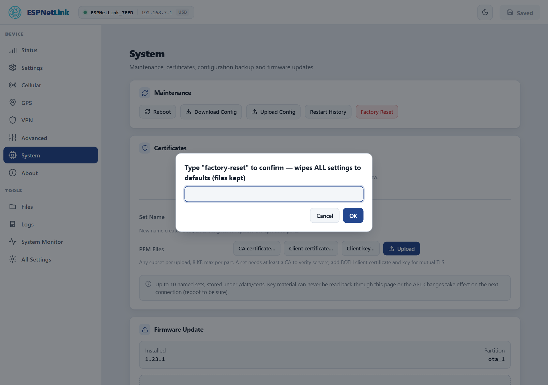 The Factory Reset dialog on the System page asking to type factory-reset