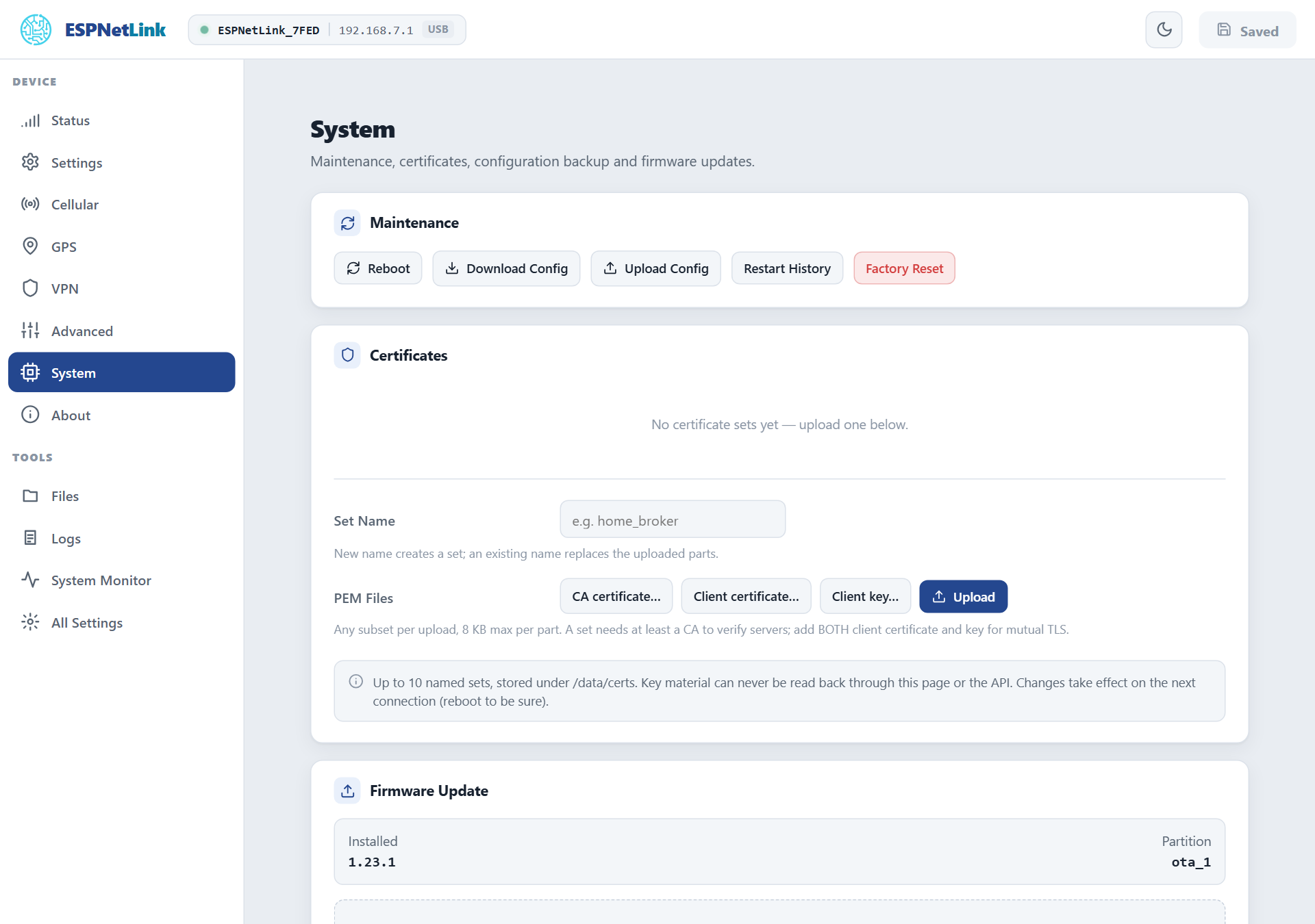 The System page: Maintenance buttons, the empty Certificates table with the upload form, the Firmware Update card