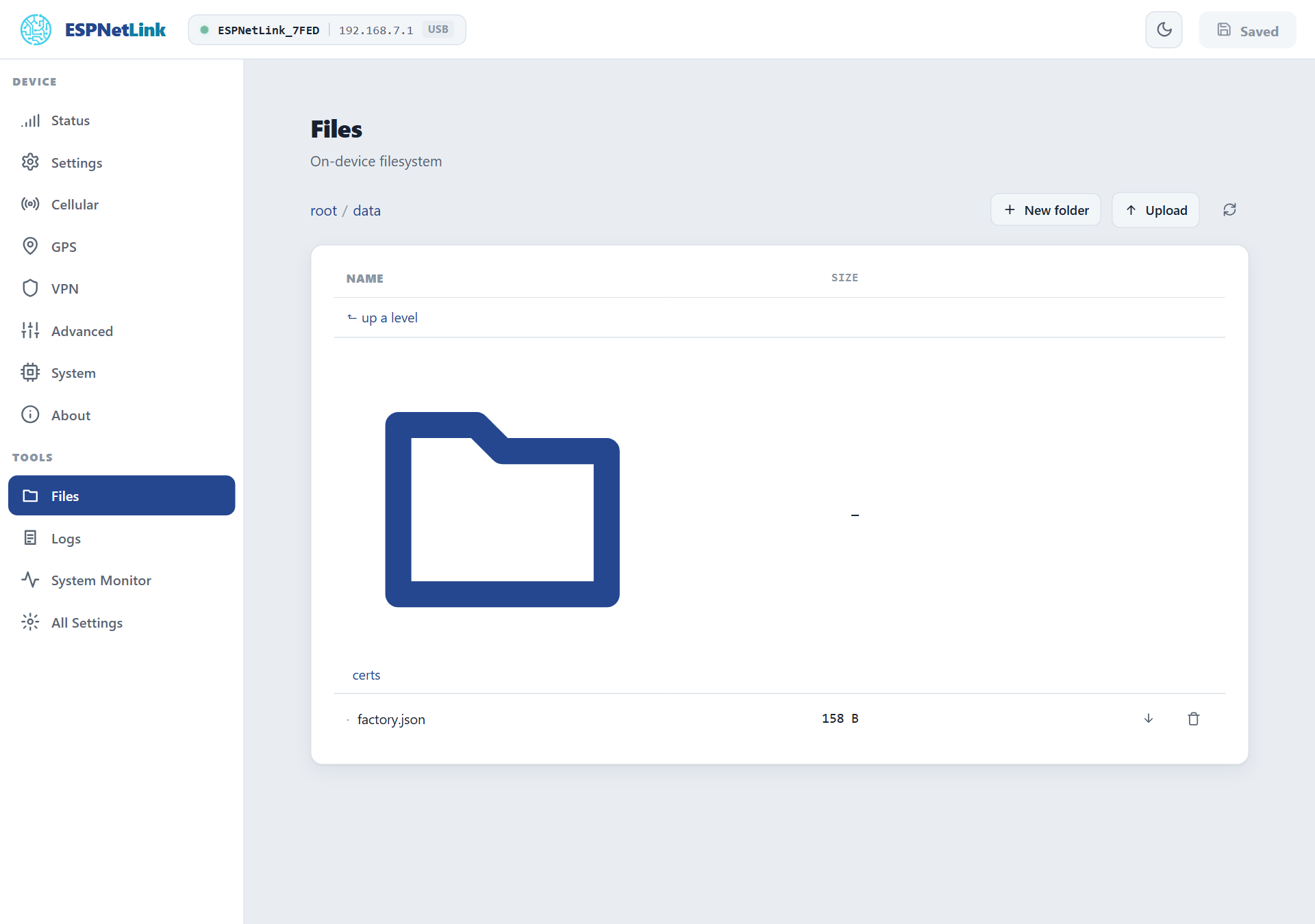 The Files page at /data: the certs folder and factory.json, with Upload, New folder and Refresh