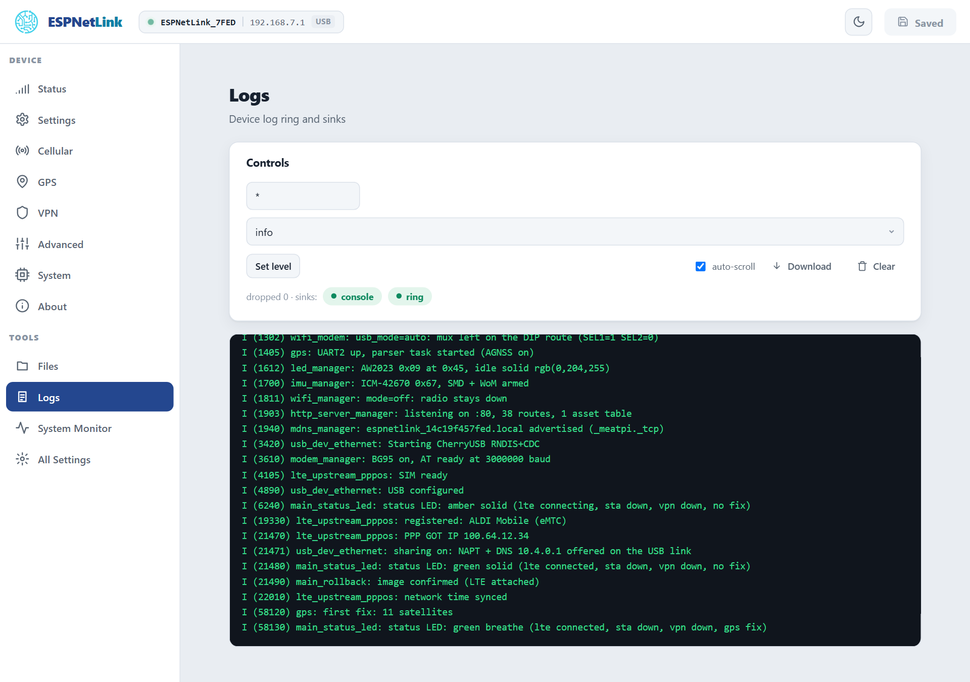 The Logs page: the tag and level controls, the sinks, and the log ring with a boot sequence