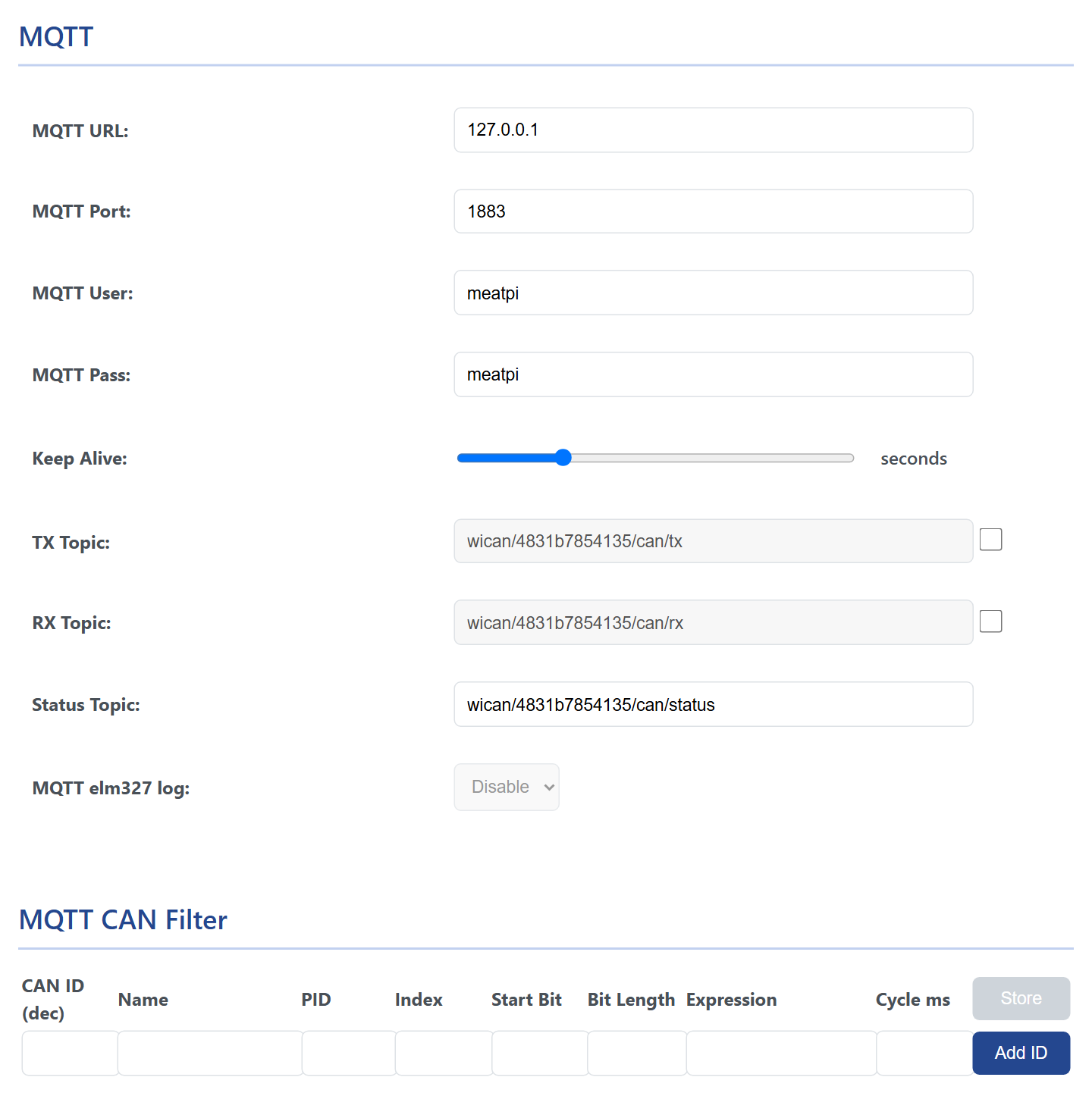The MQTT card: MQTT URL, MQTT Port 1883, MQTT User, MQTT Pass, Keep Alive 30 seconds, TX Topic and RX Topic with their checkboxes, Status Topic, MQTT elm327 log