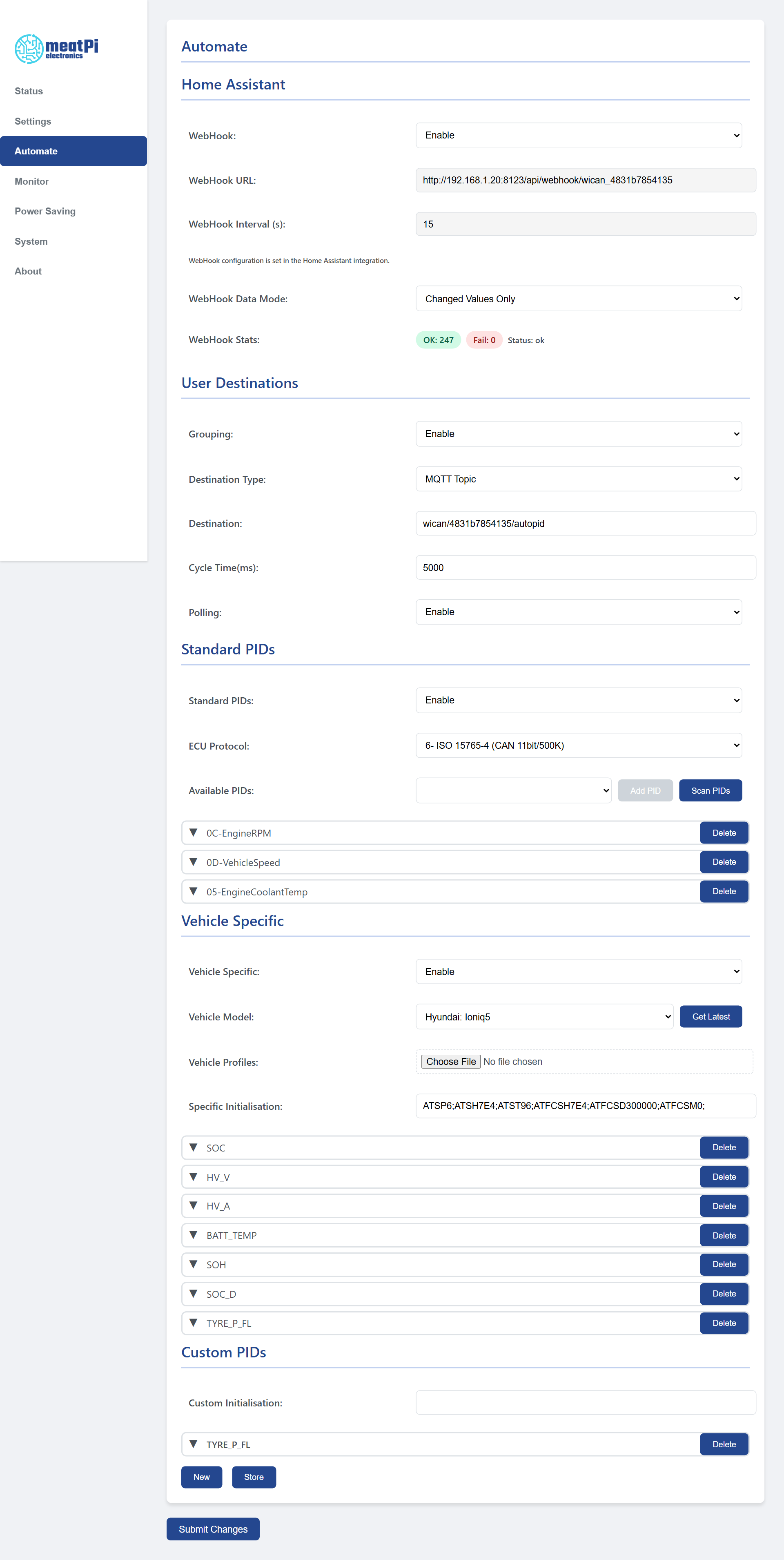 The Automate tab on a device reading a car: the Home Assistant card, User Destinations, three standard PIDs, a vehicle profile with its parameters and one custom PID