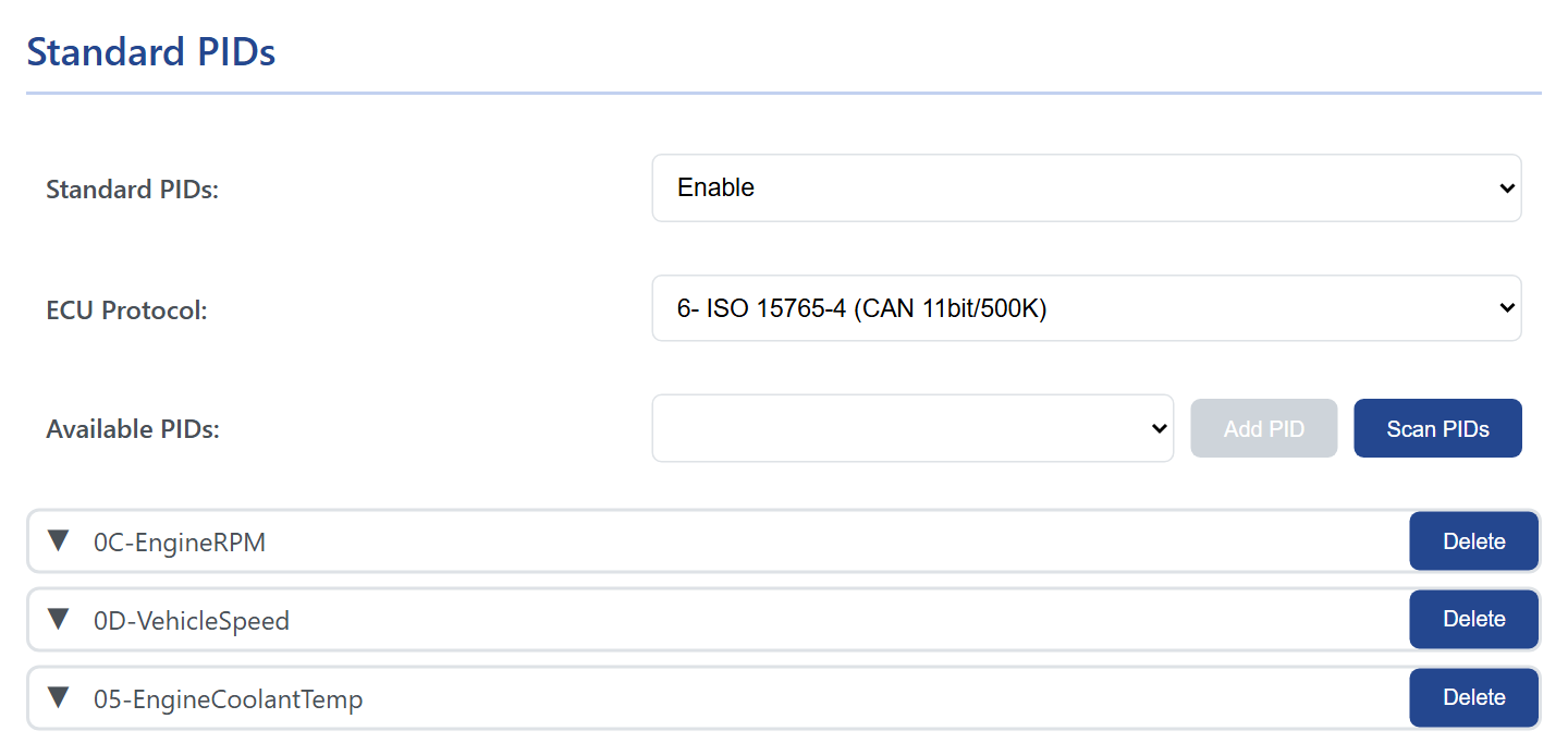 The Standard PIDs card: Standard PIDs Enable, ECU Protocol 6, the Available PIDs list with Add PID and Scan PIDs, and three rows: 0C-EngineRPM, 0D-VehicleSpeed, 05-EngineCoolantTemp