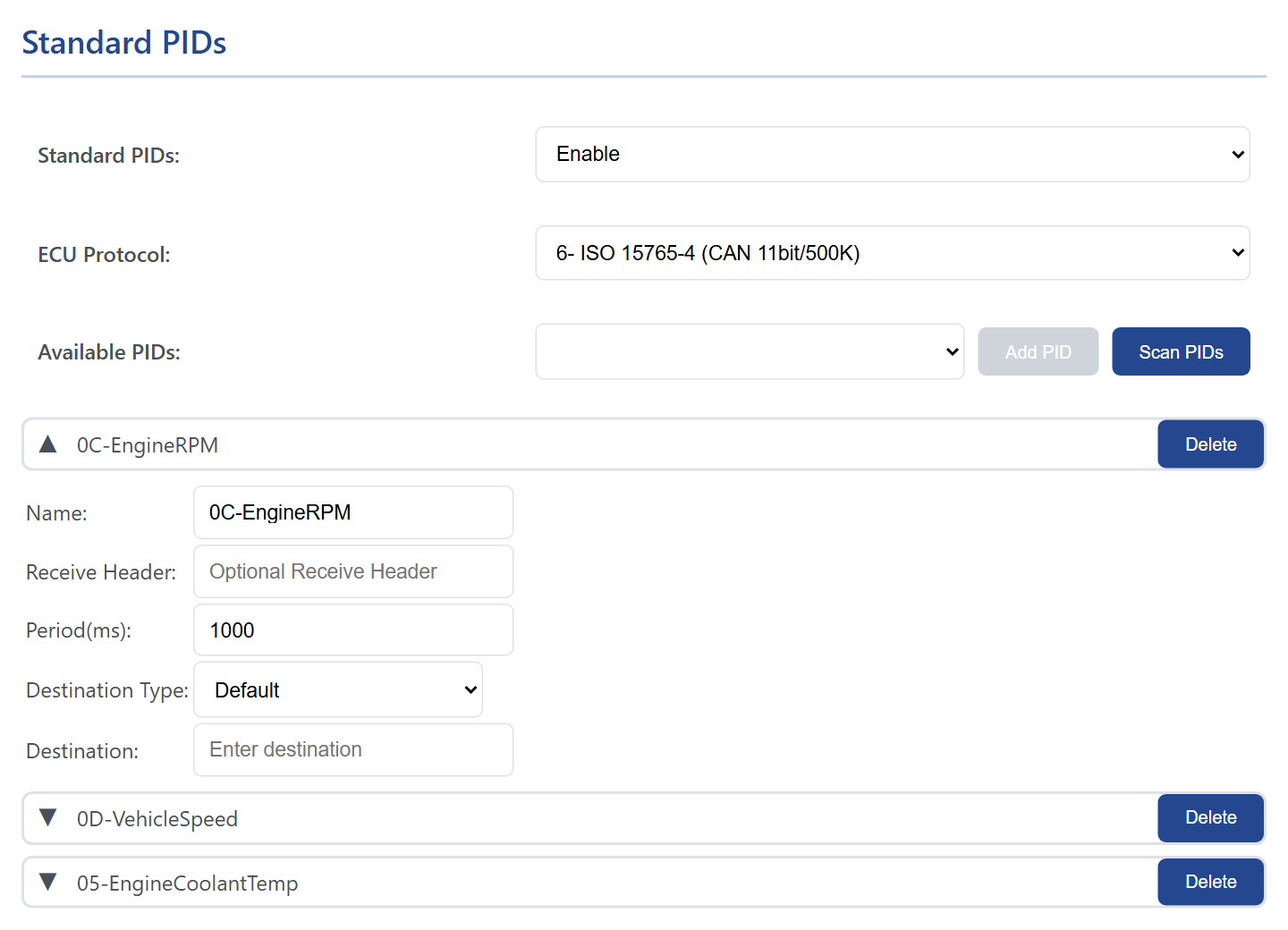 A standard PID row opened: Name 0C-EngineRPM, Receive Header, Period 1000, Destination Type Default, Destination