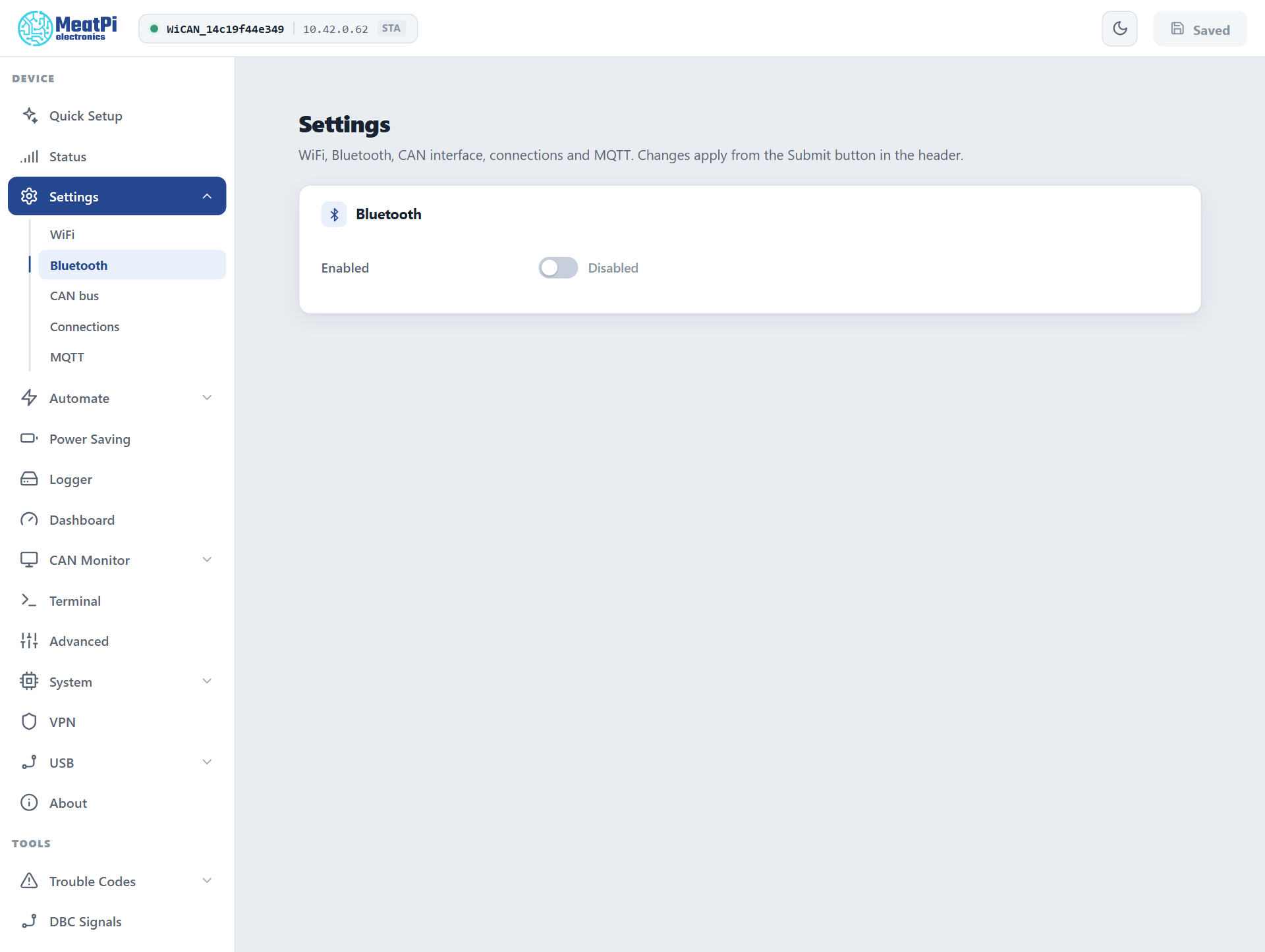 The Bluetooth settings page with its Enabled switch