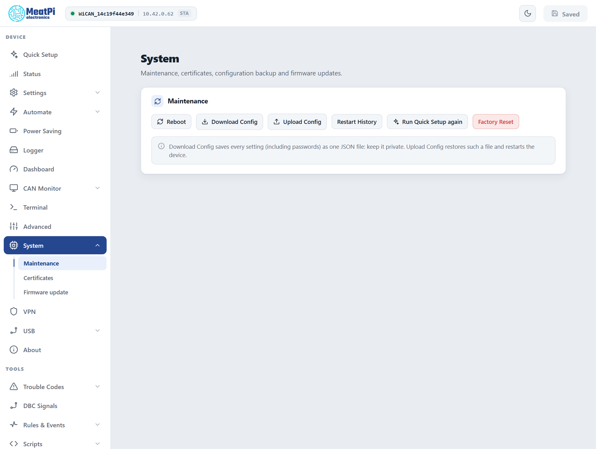 The System Maintenance card: Reboot, Download Config, Upload Config, Restart History, Run Quick Setup again and Factory Reset