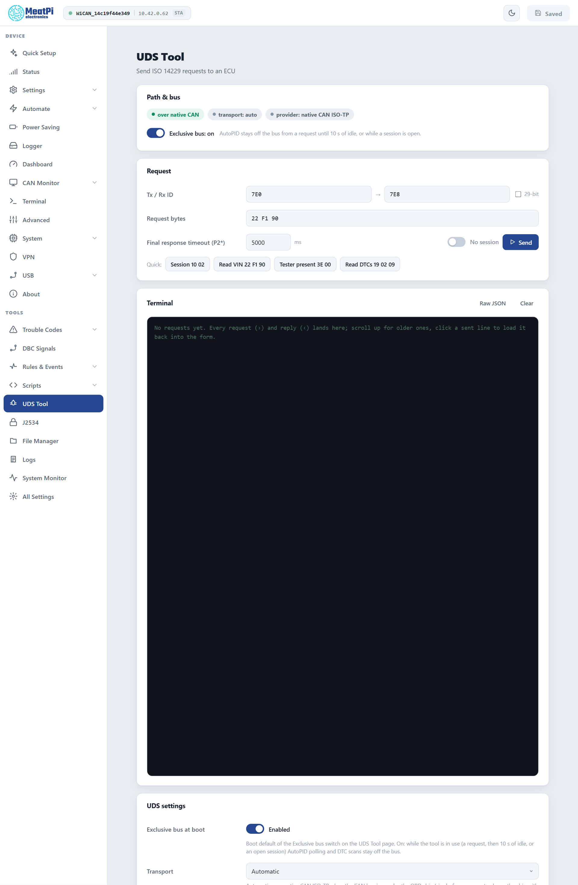 The UDS Tool page: the Path and bus card with the Exclusive bus switch, the Request card with ids, bytes, timeout, session and Send, the quick buttons, the terminal and the settings card